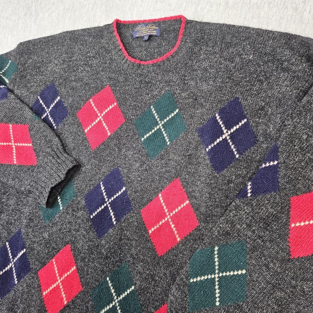 Vintage Brooks Brothers Sweater Mens XL Gray Argyle Shetland Wool Crewneck